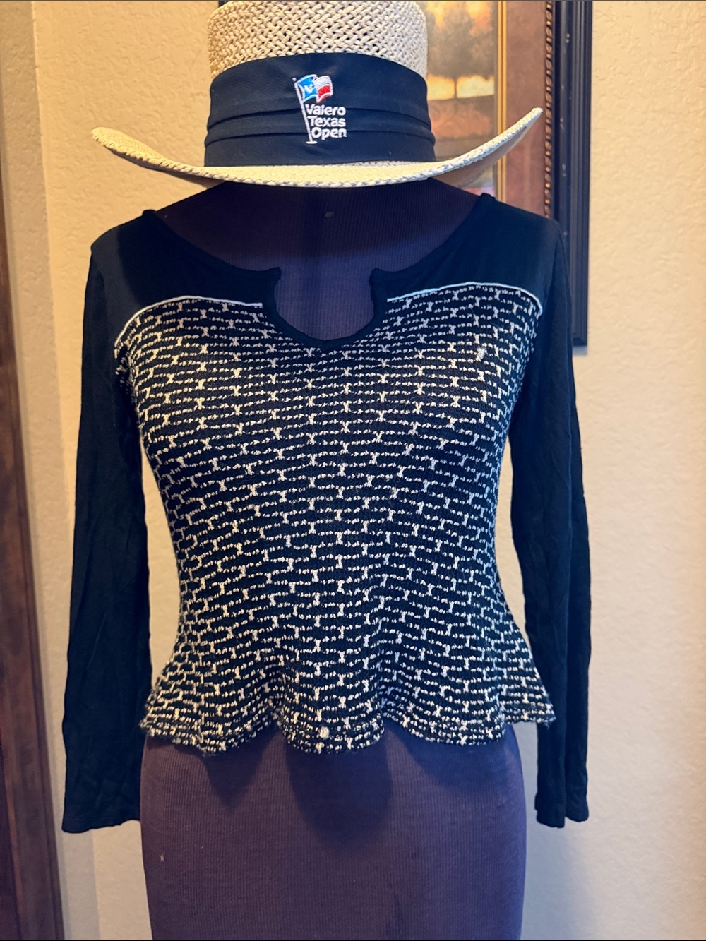 Mind Code Black and Cream Labeled Knit Top